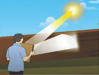 A person holding a board while a beam of sunlight strikes a mirror and is thrown as a bright patch onto the board