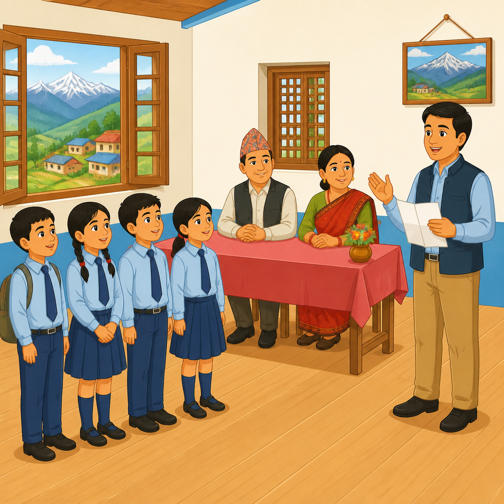 निर्णायक मण्डलका एक जना शिक्षकले उभिएर निर्णय सुनाउँदै गर्दा सभाध्यक्ष र वक्ताहरू सुनिरहेका छन्। कार्यक्रम यसरी नै टुङ्गिन्छ भन्ने देखाउन यो दृश्य चाहिन्छ।