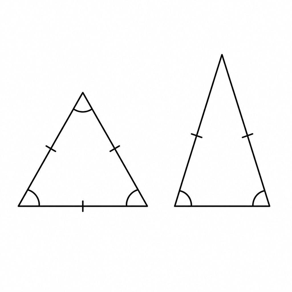 An equilateral triangle has all three angles equal, while an isosceles triangle has only its two base angles equal.