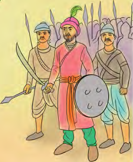 दायाँपट्टि तरबार र ढालसहित उभिएका नायक र तिनका सिपाही। दुवै भाग जोडेर हेर्दा मात्र तपस्वी दुई हतियारधारी समूहको बिचमा परेको बुझिन्छ।
