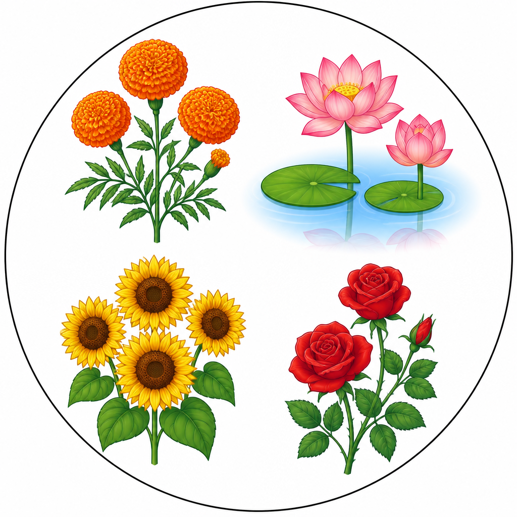 Inside the circle are a rose, a marigold, a sunflower and a lotus; all four flowers are members of this set.
