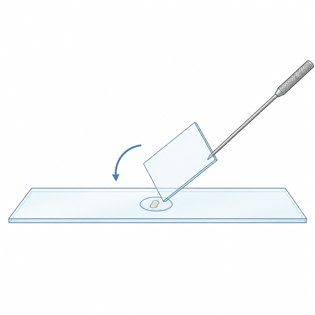 Lowering the cover slip slowly from one edge keeps air bubbles from being trapped underneath.