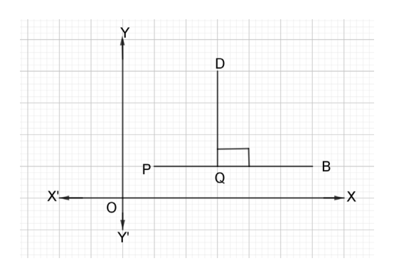 DQ stands on PB at Q, and the small square marks the right angle between them.
