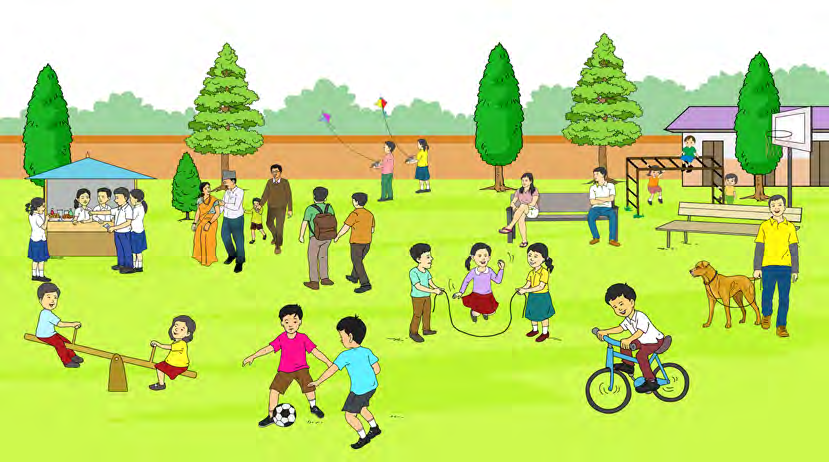 A busy park full of actions to describe: people walking, children playing, a boy cycling, a dog standing by the fence.