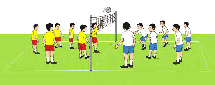 Two teams of six players face each other across the net during a volleyball rally.