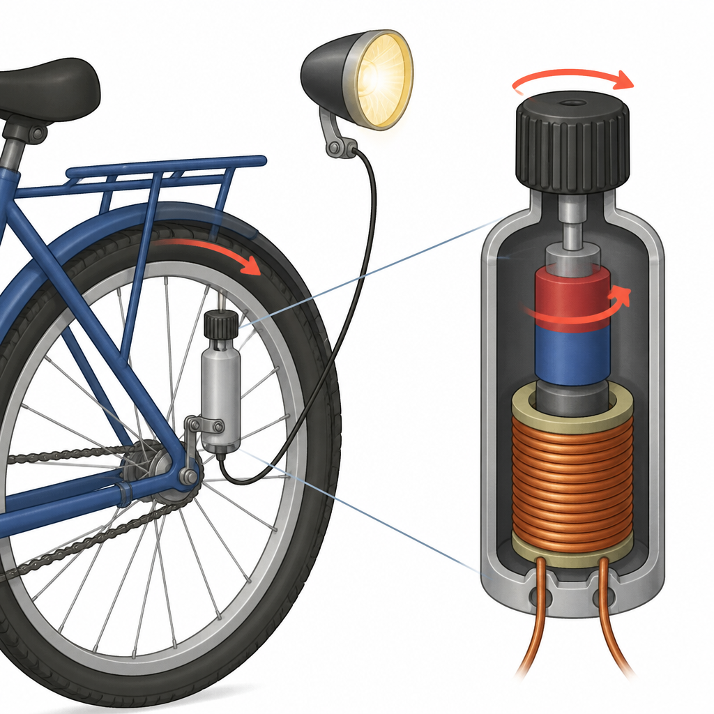 A bicycle dynamo: the cap that rubs on the tyre, the magnet that spins inside, and the fixed coil close beside it