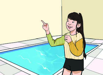 A girl beside a swimming pool. She may swim, or she might only watch the water.