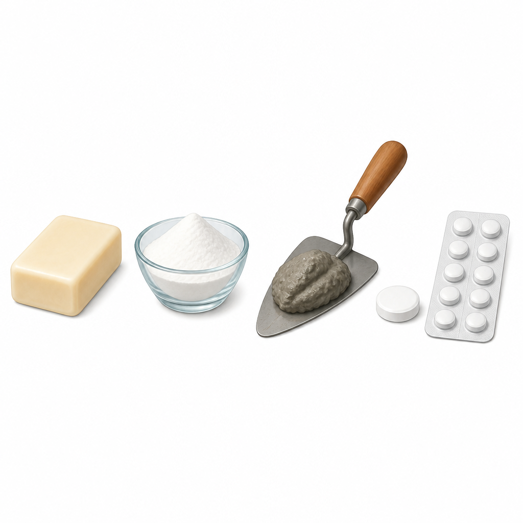 Things made with bases that turn up around any house: soap, bleaching powder, cement mortar and a tablet for gastritis.