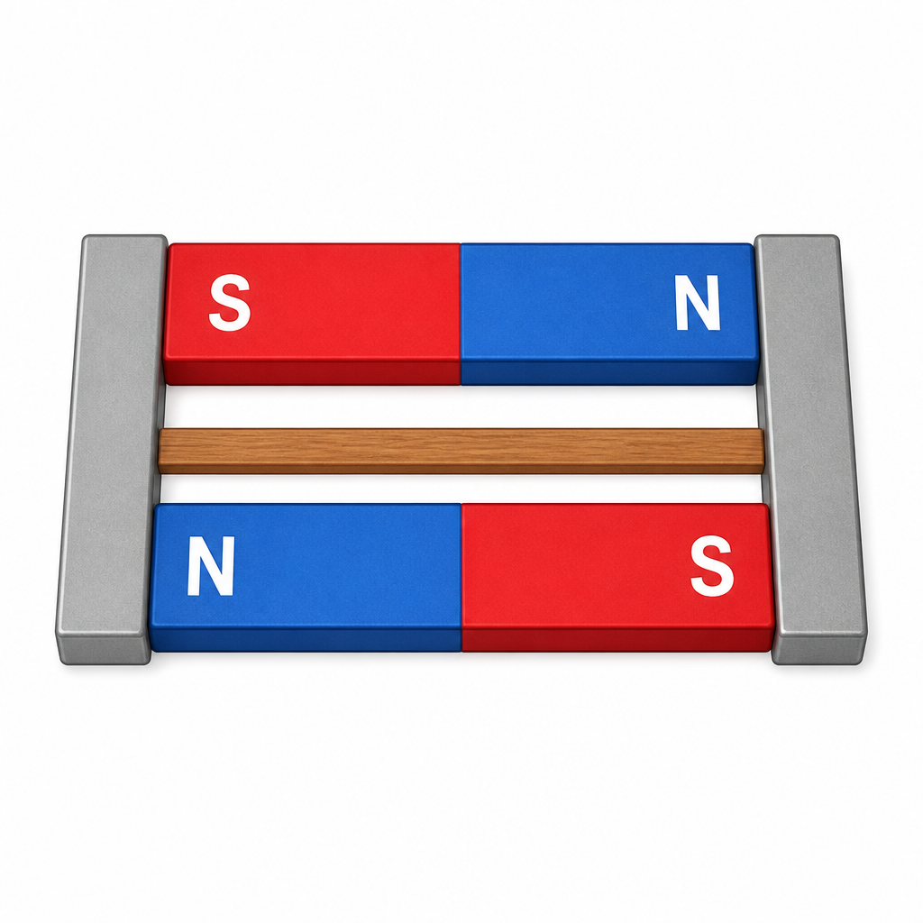 The right way to store magnets. Two bar magnets placed with unlike poles facing each other, and a soft iron keeper laid across the ends on both sides.