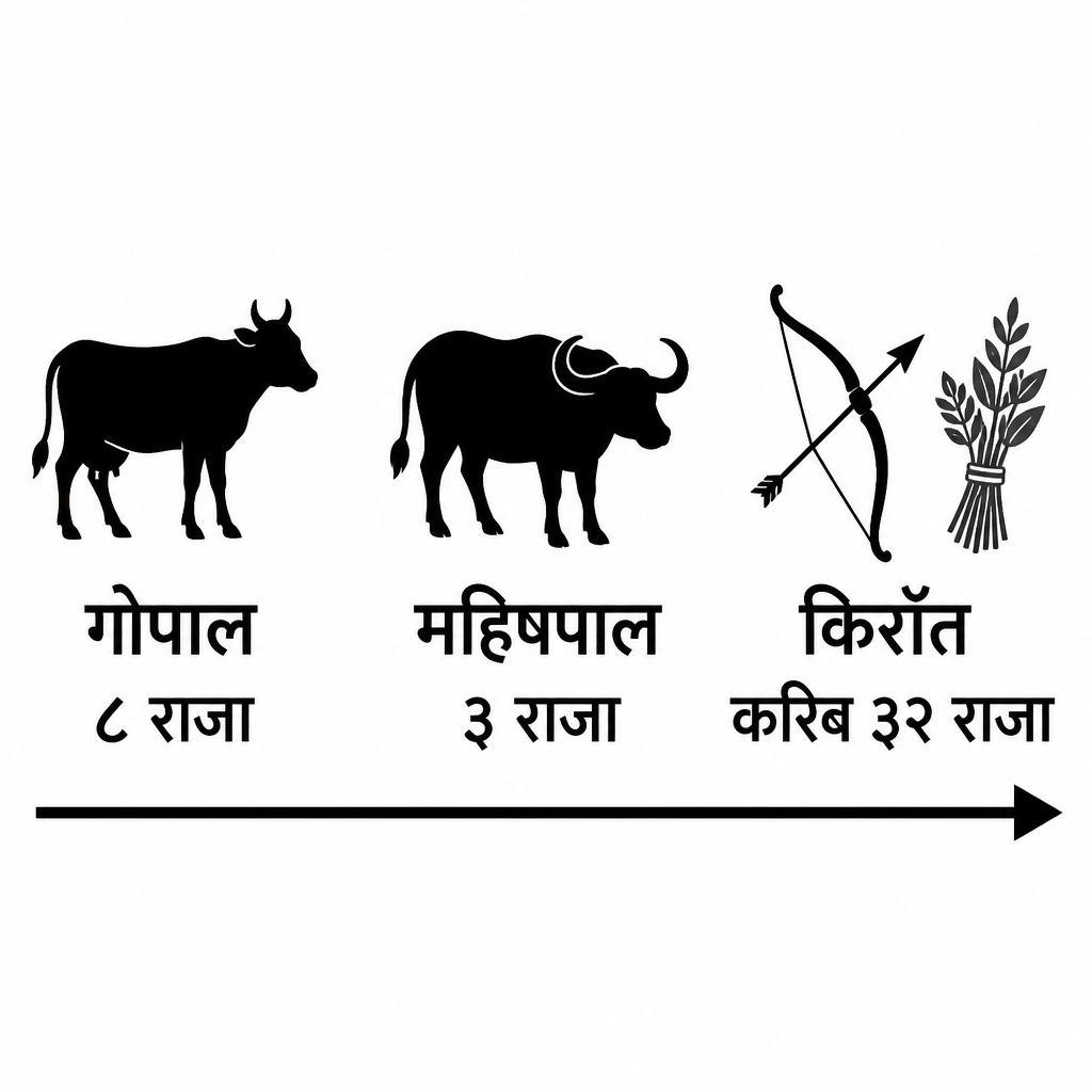गोपाल, महिषपाल र किराँत वंश कुन क्रममा आए र प्रत्येकमा कति राजा भए भन्ने एकै ठाउँमा देखिने चित्र।