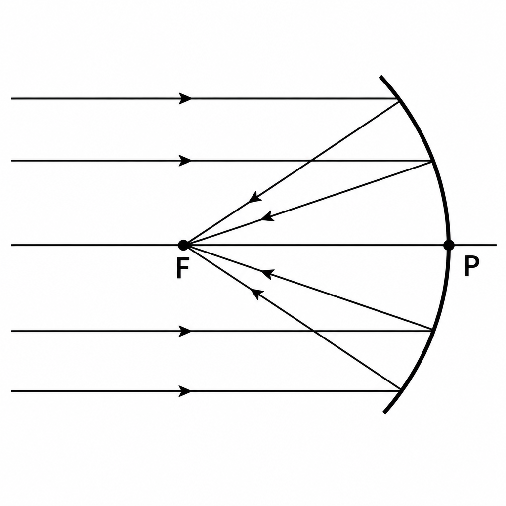 Parallel rays reflected from a concave mirror meet at the point F in front of the mirror.