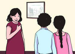A girl tells the others what her father was doing when the photograph on the wall was taken.
