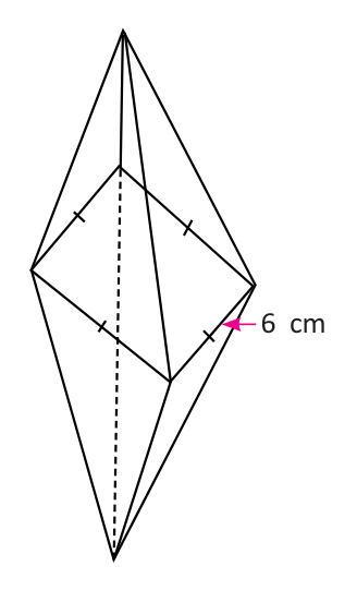 Two equal square based pyramids joined on a common square base of side 6 cm.