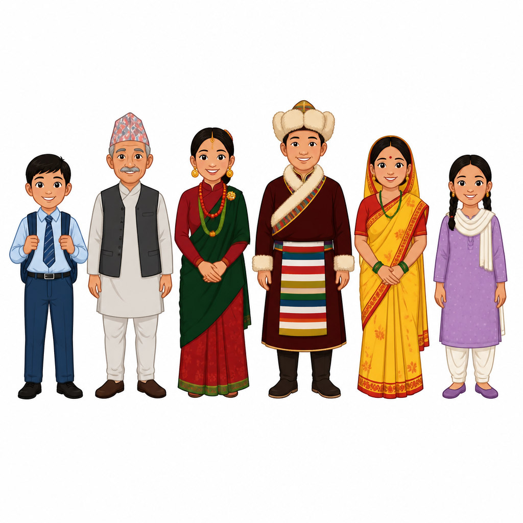 फरक फरक समुदायका मानिस एकै हाँगामा उभिएको दृश्य: छैनन् पराई सब भाइ भाइ भन्ने हरफले भन्न खोजेको कुरा यही हो।