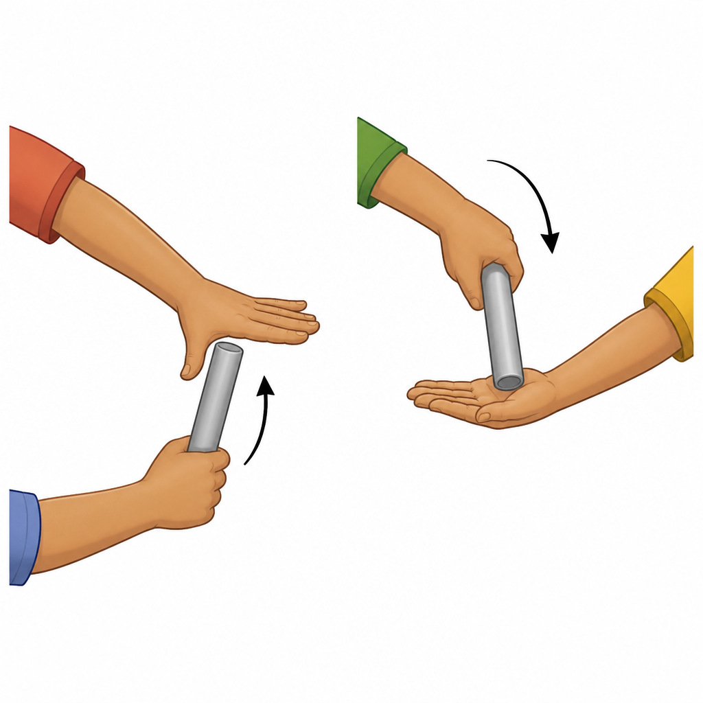 In the upsweep the baton rises from below into the gap between fingers and thumb; in the downsweep it is laid from above onto an upturned palm.