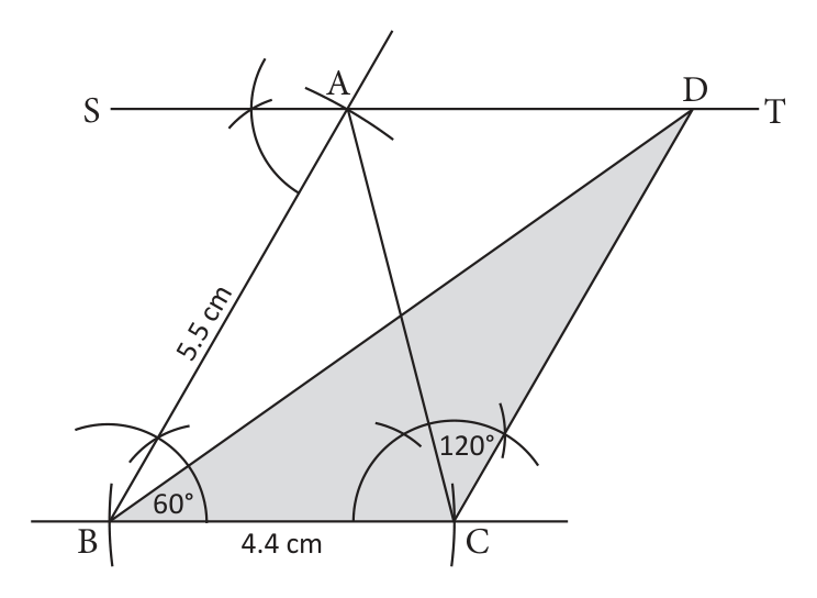 The finished construction: the shaded \( \triangle DBC \) has \( \angle BCD = 120^\circ \) and the same area as \( \triangle ABC \).