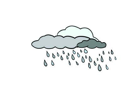 Grey clouds dropping raindrops: rainy weather.