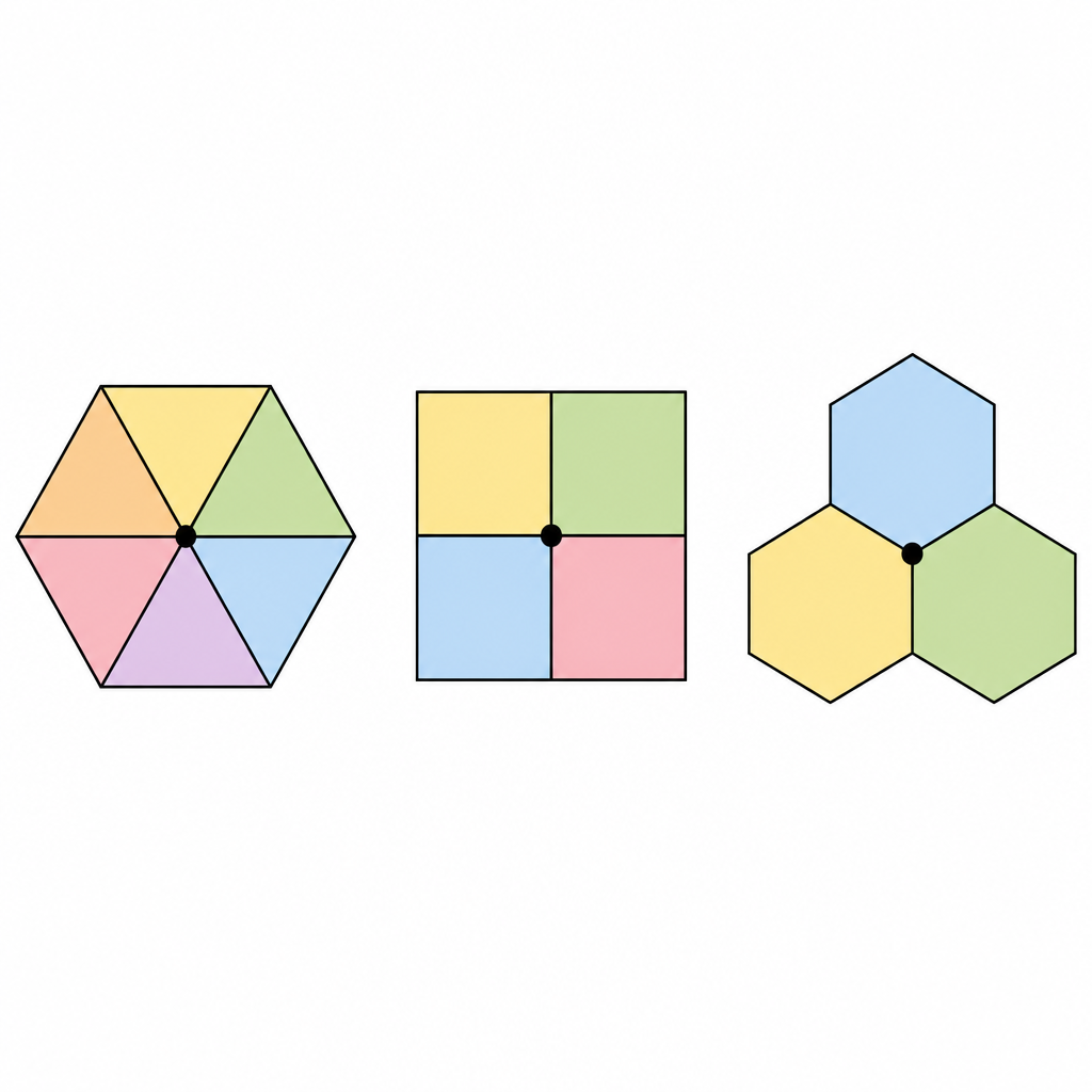 Six equilateral triangles, four squares and three regular hexagons each close completely round a single point.