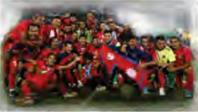 Nepal's national football team celebrates with the national flag.