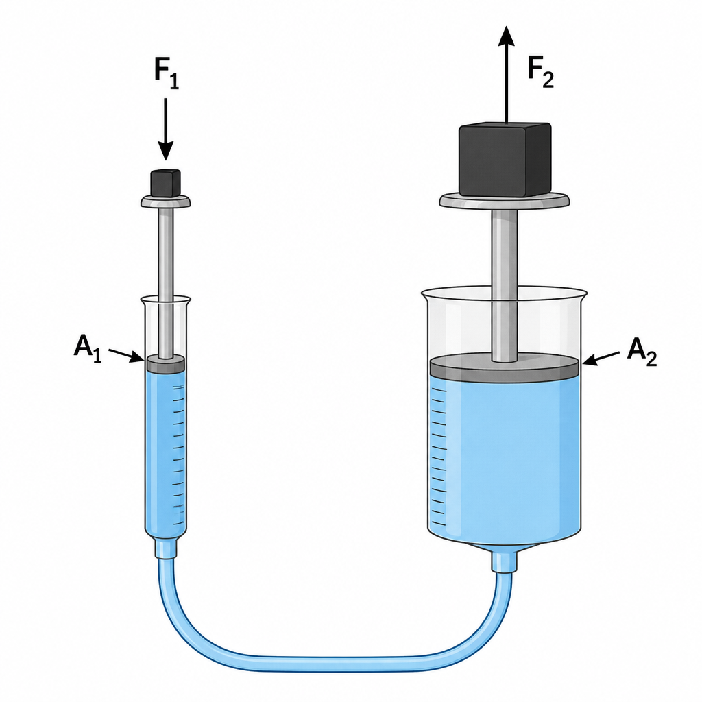 A thin syringe and a thick syringe joined by a pipe and filled with water: a small force on the thin piston pushes the thick piston up with a larger force.