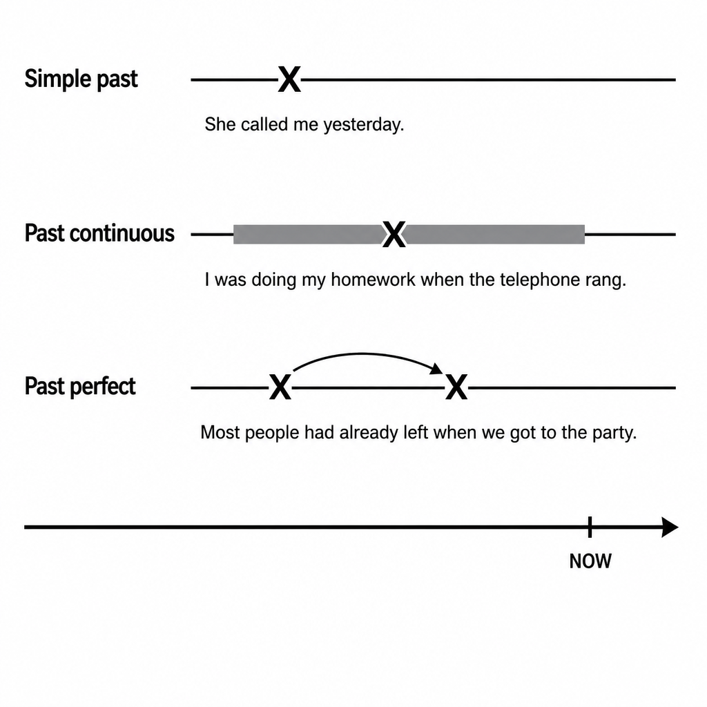 The three past tenses on one time line: a single completed action, a longer action interrupted by a shorter one, and an earlier action finished before a later one.