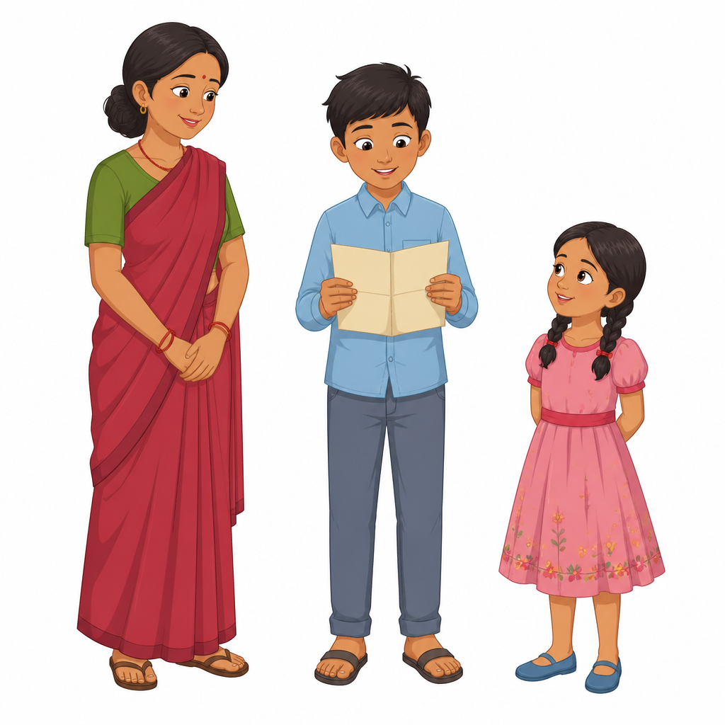 परदेशबाट आएको चिठी आमा र सानी बहिनीका अगाडि पढ्दै गरेको एघार वर्षे कमलेश