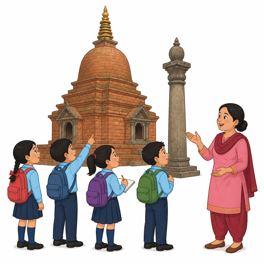 शैक्षिक भ्रमणमा विद्यार्थीहरू ऐतिहासिक ठाउँ आफ्नै आँखाले हेर्दै र टिपोट गर्दै।