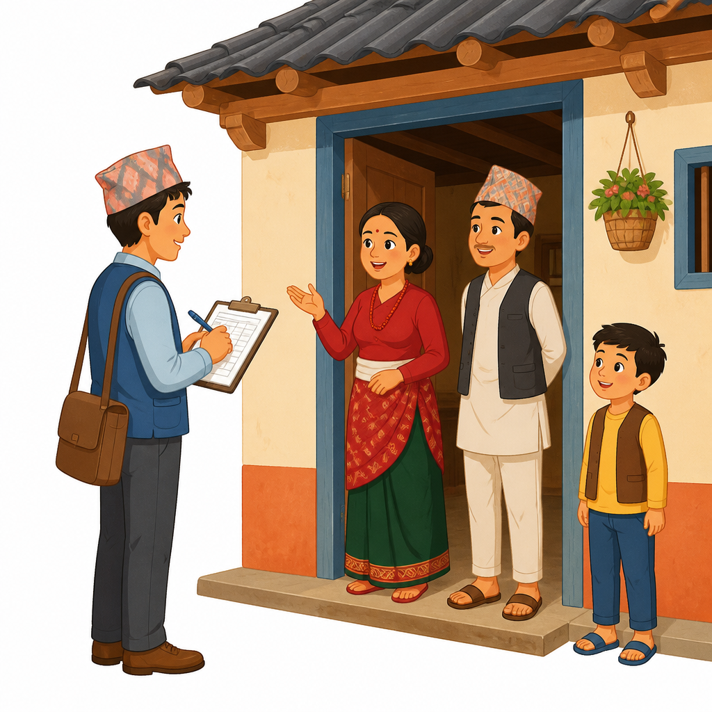 गणना चरणमा गणनाकर्ता आफैँ घरमा पुगेर प्रश्नावली अनुसार विवरण लेख्छन् ।