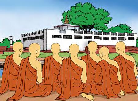 Monks in orange robes sitting in prayer at Lumbini, the birthplace of the Buddha.
