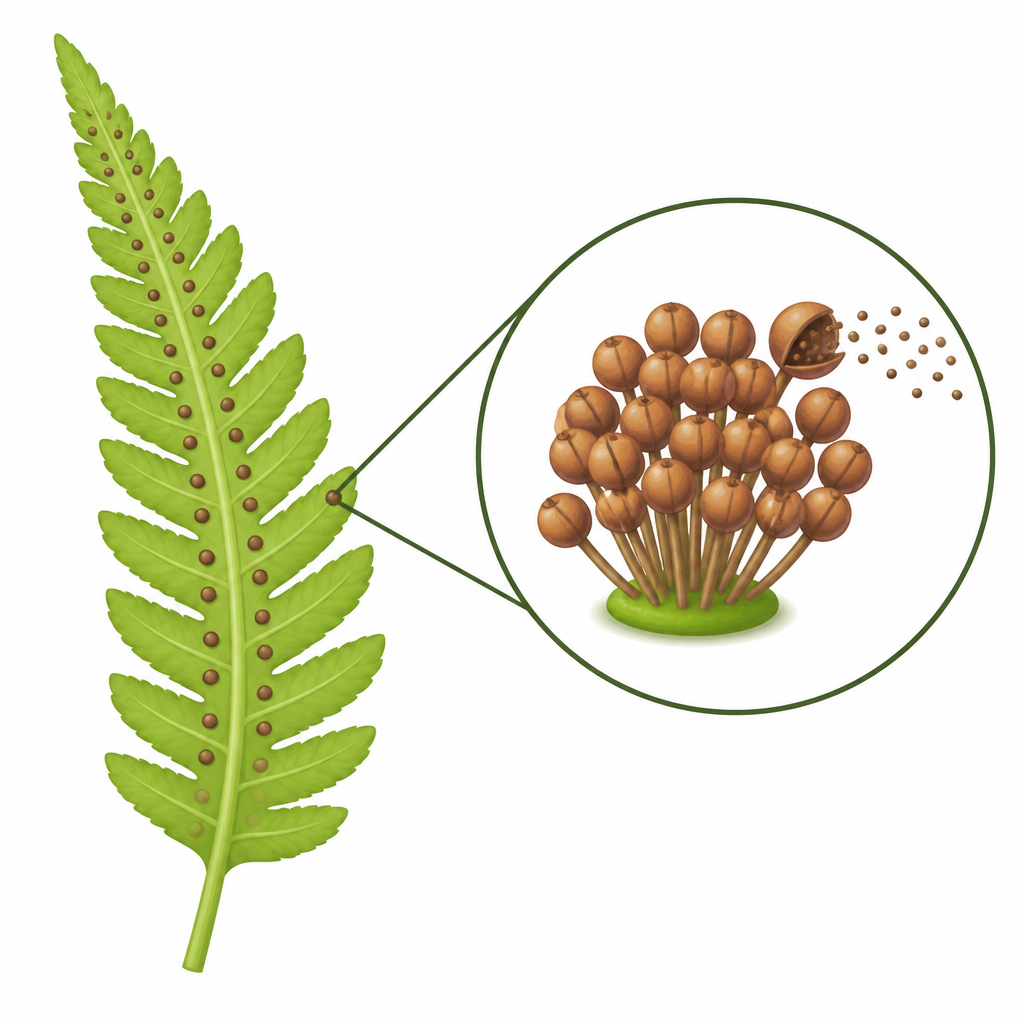 Brown sori in rows on the underside of a fern leaflet. One sorus, enlarged, shows the sporangia that hold the spores.