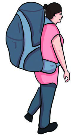 Carrying a heavy load wearily: the weight of the bags is part of what made the trip exhausting.
