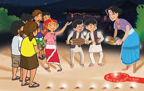 Children singing at a neighbour's door on a Tihar night, with oil lamps and rangoli on the ground.