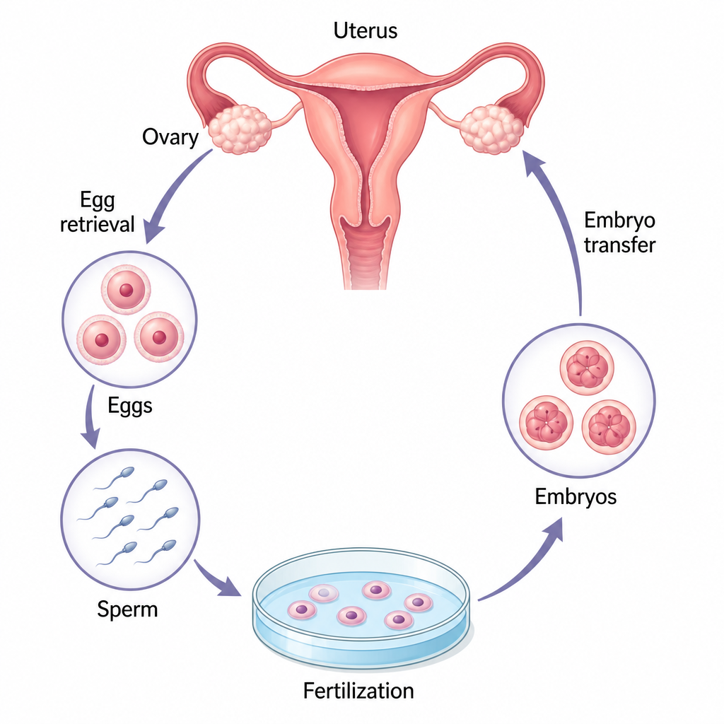 The path of IVF: an egg is taken from the ovary, fertilized by sperm in a dish, and returned to the uterus as an embryo.