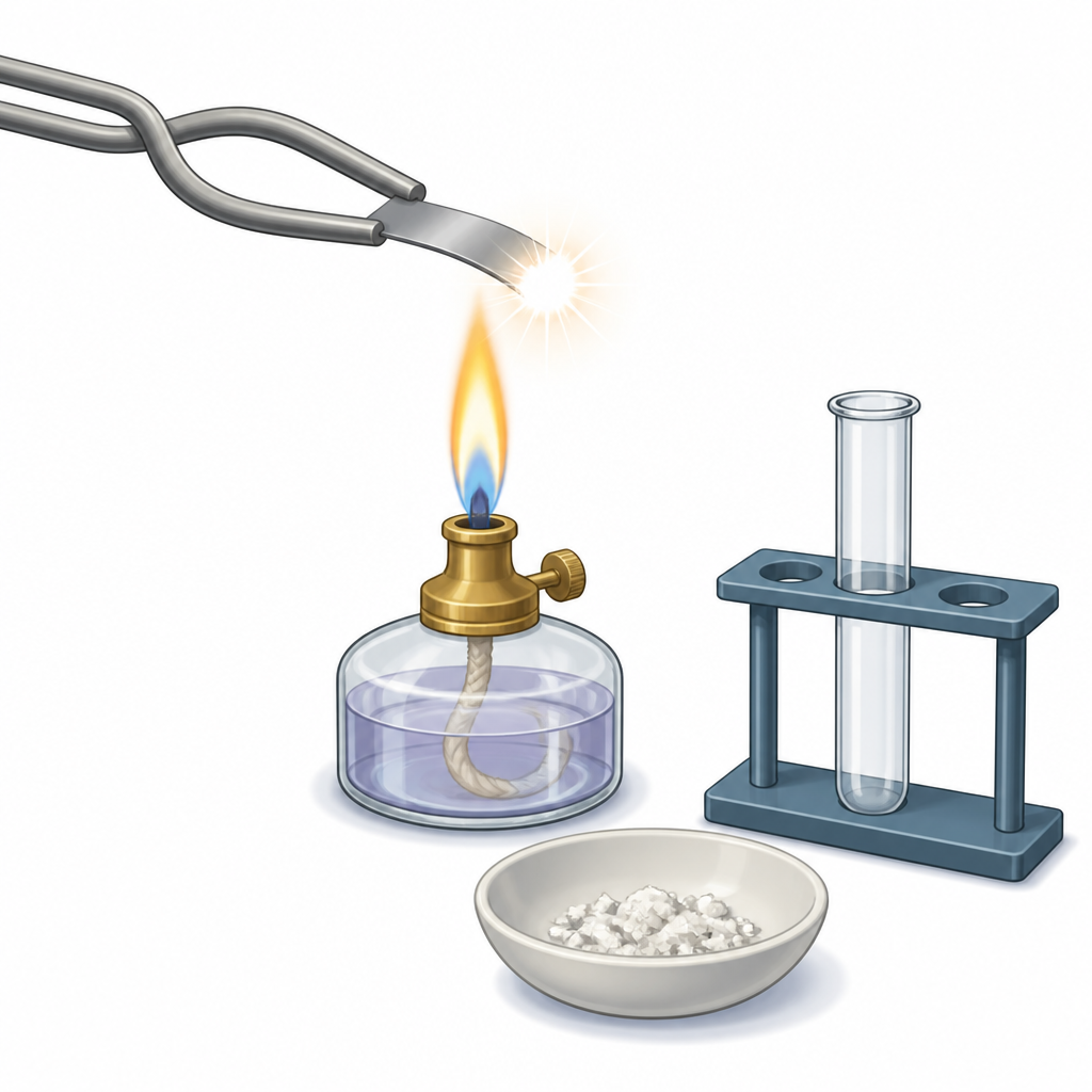 A magnesium ribbon held in tongs burns over a burner, and its white ash is collected below