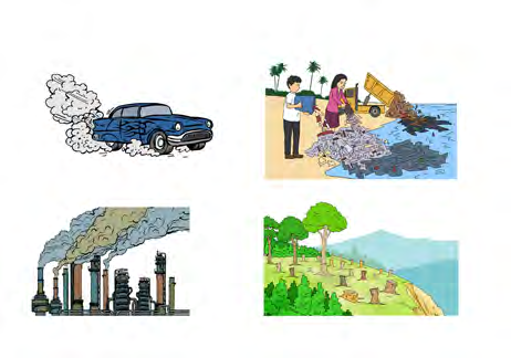 Four human activities that pollute: a car giving off smoke, people dumping waste into the water, factory chimneys filling the sky, and a forest cut down to stumps.