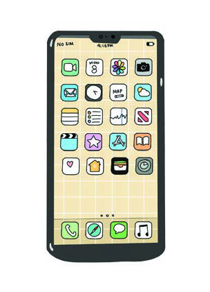 A modern smartphone covered in apps. Set beside the old telephone, it invites comparison: smaller, lighter, faster and far more useful.