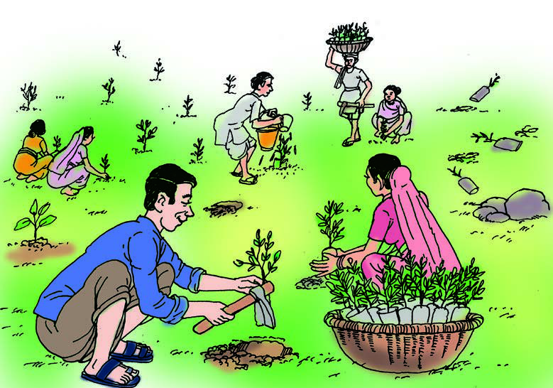 Villagers planting saplings in a field. Actions caught in the middle of happening are described with the present continuous: a man is digging, a woman is holding a seedling, another woman is carrying a basket of plants on her head.