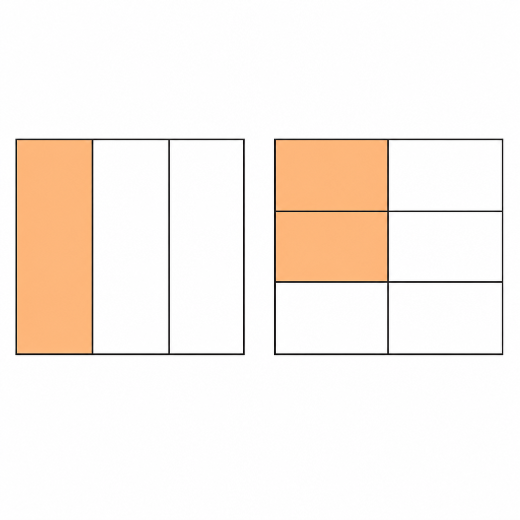 The left sheet is folded into 3 parts and the right one into 6. The coloured area is the same on both, which is what shows that 1:3 and 2:6 are one and the same ratio.