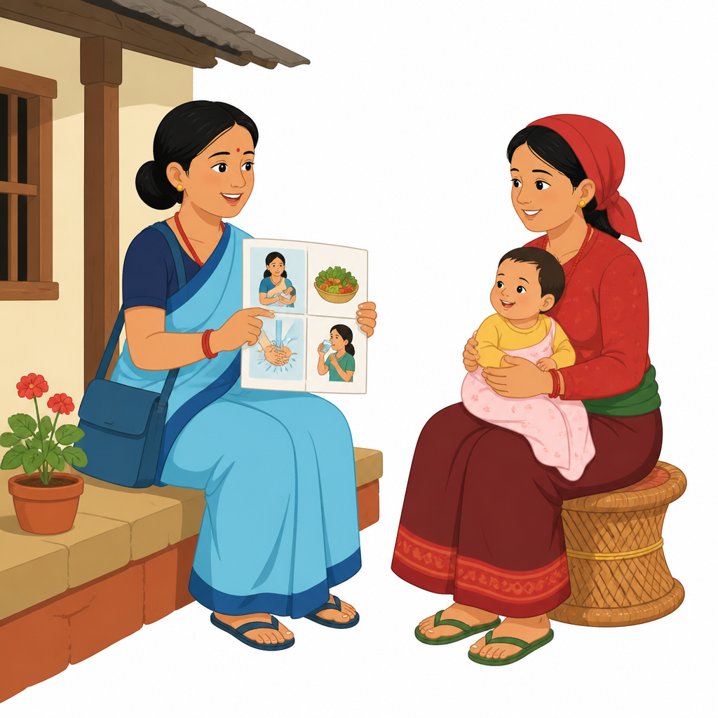 महिला स्वयम्सेवकले घर घरमै पुगेर मातृशिशु र प्रजनन स्वास्थ्यसम्बन्धी सल्लाह दिन्छन्।