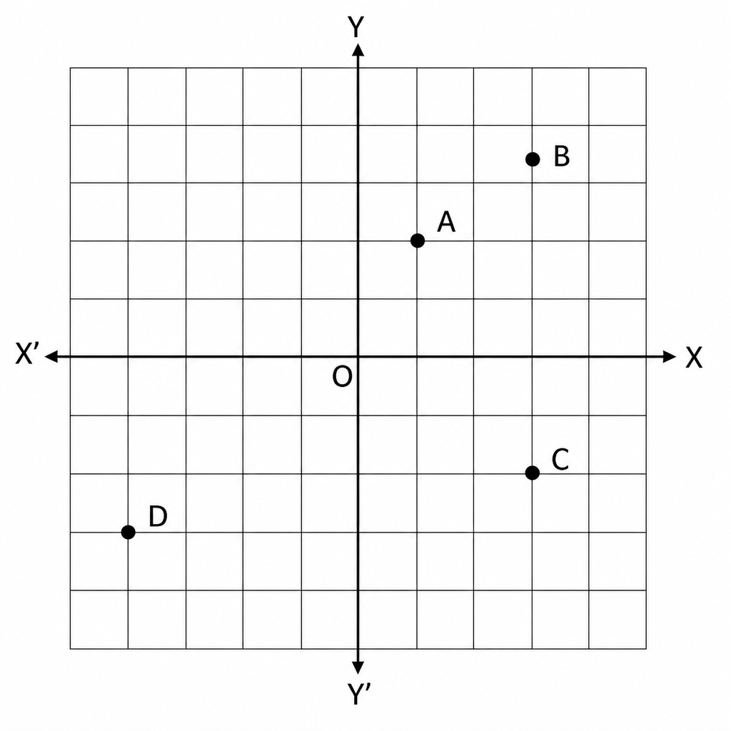 Points placed in the four parts made by the axes, showing which direction counts as positive and which as negative.