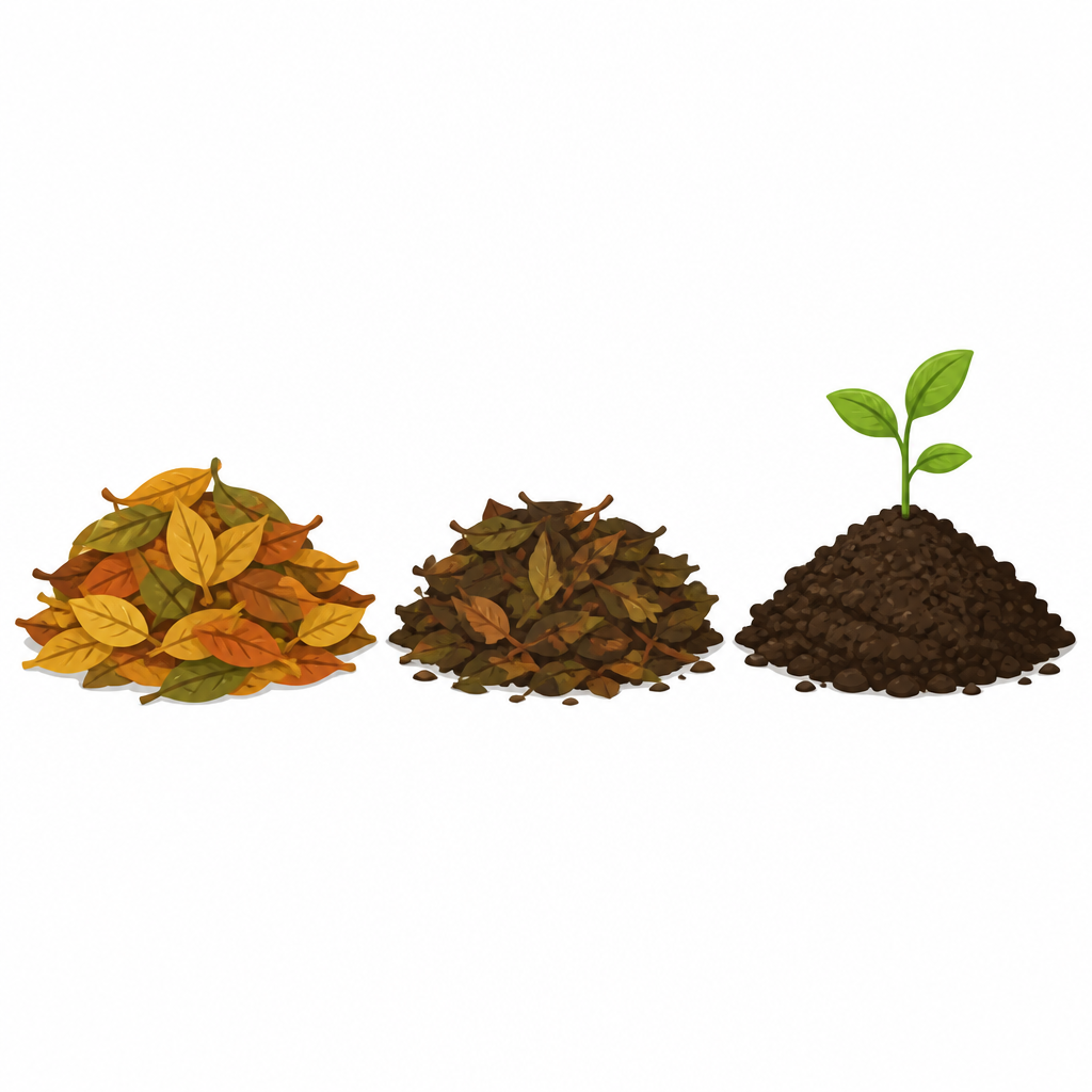 Fallen leaves rotting stage by stage until they become dark, crumbly, fertile soil
