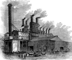 A factory: the smoke from its many chimneys comes from burning fuel to run its machines.