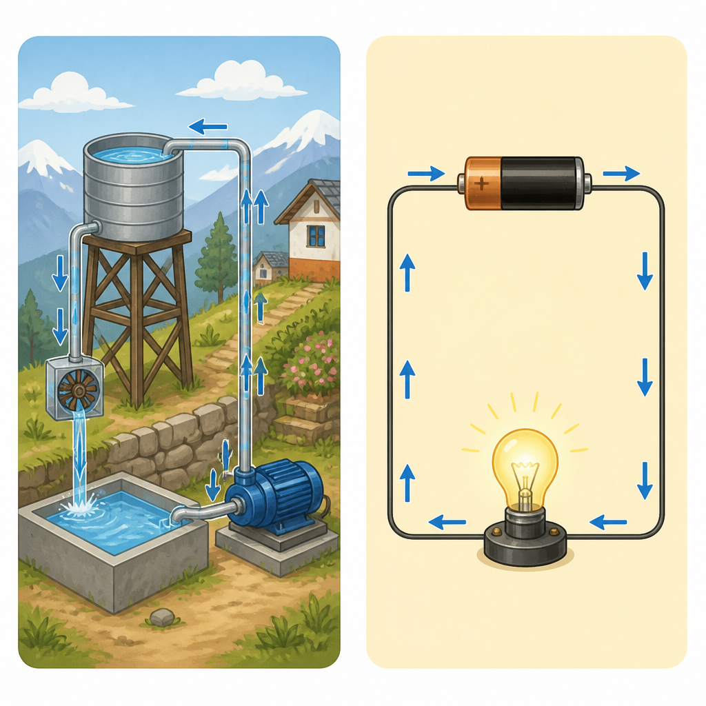 A pump lifts water to a high place and the water flows back down; a cell raises charge to high potential and the charge flows through the circuit to low potential.