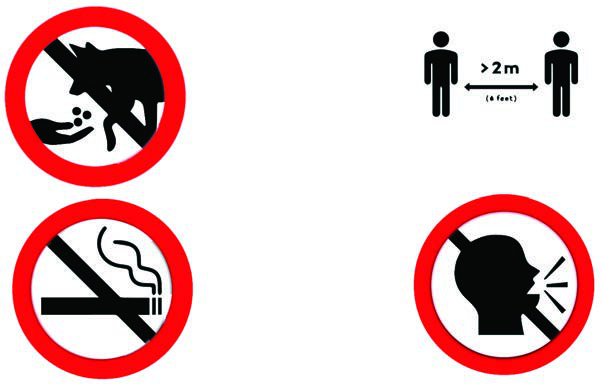 Four public signs: do not feed animals, keep a distance of more than 2 metres, no smoking, and no shouting at others. A red circle with a line always means something is forbidden.