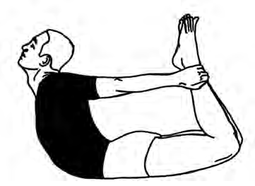 Dhanurasana: the body rests only on the stomach, with the chest and legs lifted and the arms pulled straight like a bowstring