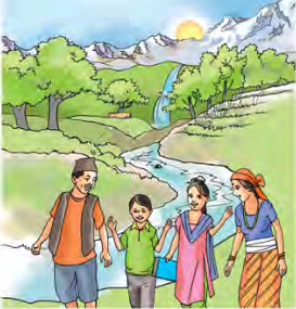 बिहानको घाम, हिमाल, हरियाली र बग्दो खोलाको बिचमा हिँडिरहेको परिवार, जुन कविताले भनेको प्रकृतिसँगको आत्मीयता हो।