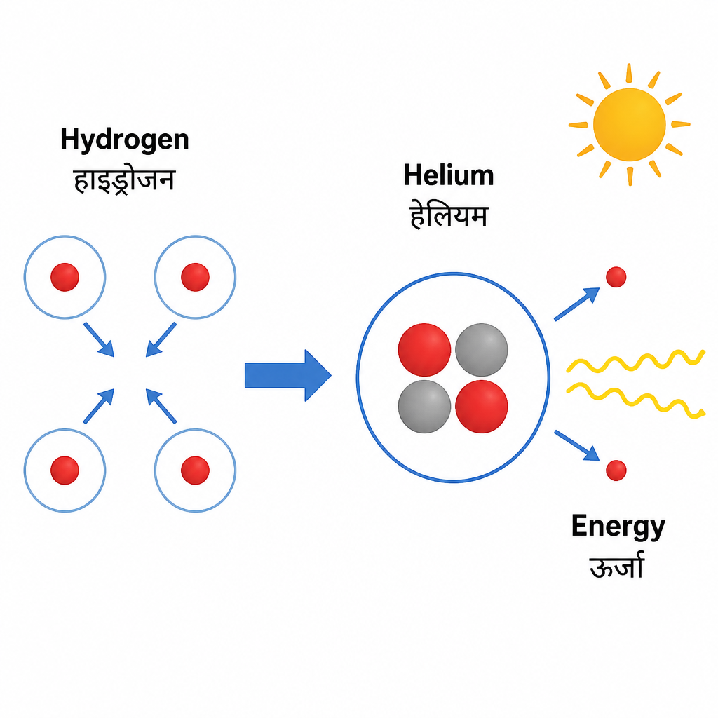 Nuclear fusion: four hydrogen atoms join to make one helium atom and energy.