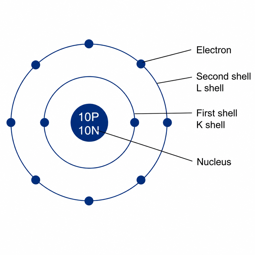 The structure of an atom, showing where the nucleus, the first shell (K shell), the second shell (L shell) and the electrons moving on them are placed.