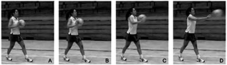 The four stages of a chest pass: at A the ball is held at the chest, at B the player steps forward, at C the arms push out, and at D the arms are straight and the ball has been released.