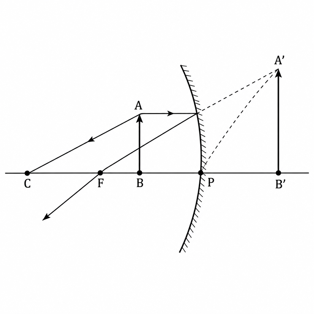 An object between F and P gives an enlarged erect image behind the mirror.